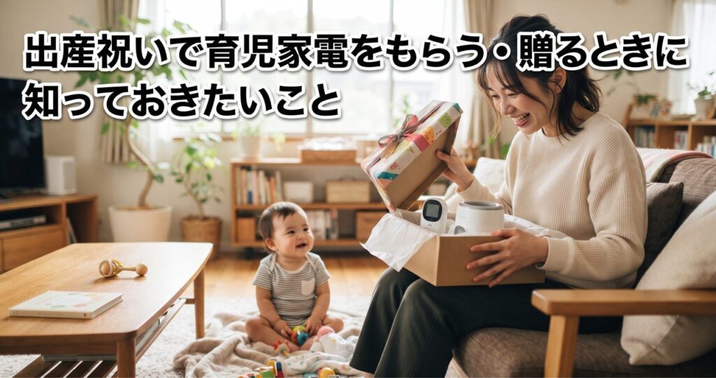出産祝いでリボンのかかった育児家電の贈り物を開け、母親と赤ちゃんが嬉しそうにしている様子