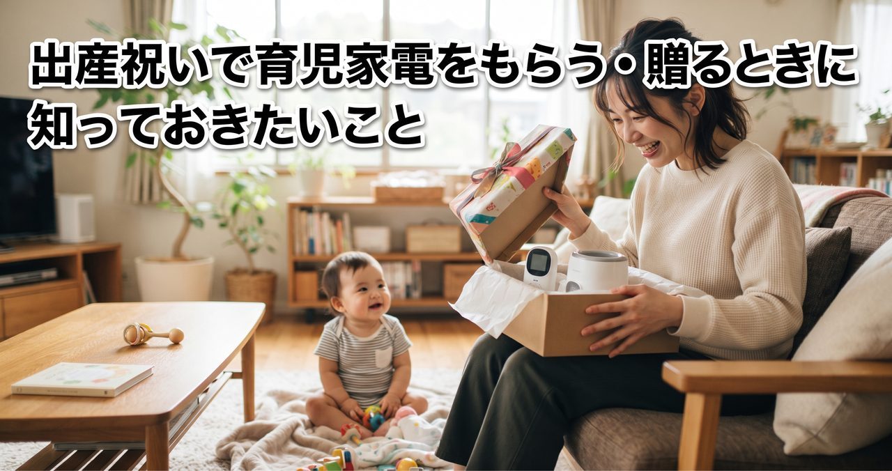 出産祝いでリボンのかかった育児家電の贈り物を開け、母親と赤ちゃんが嬉しそうにしている様子