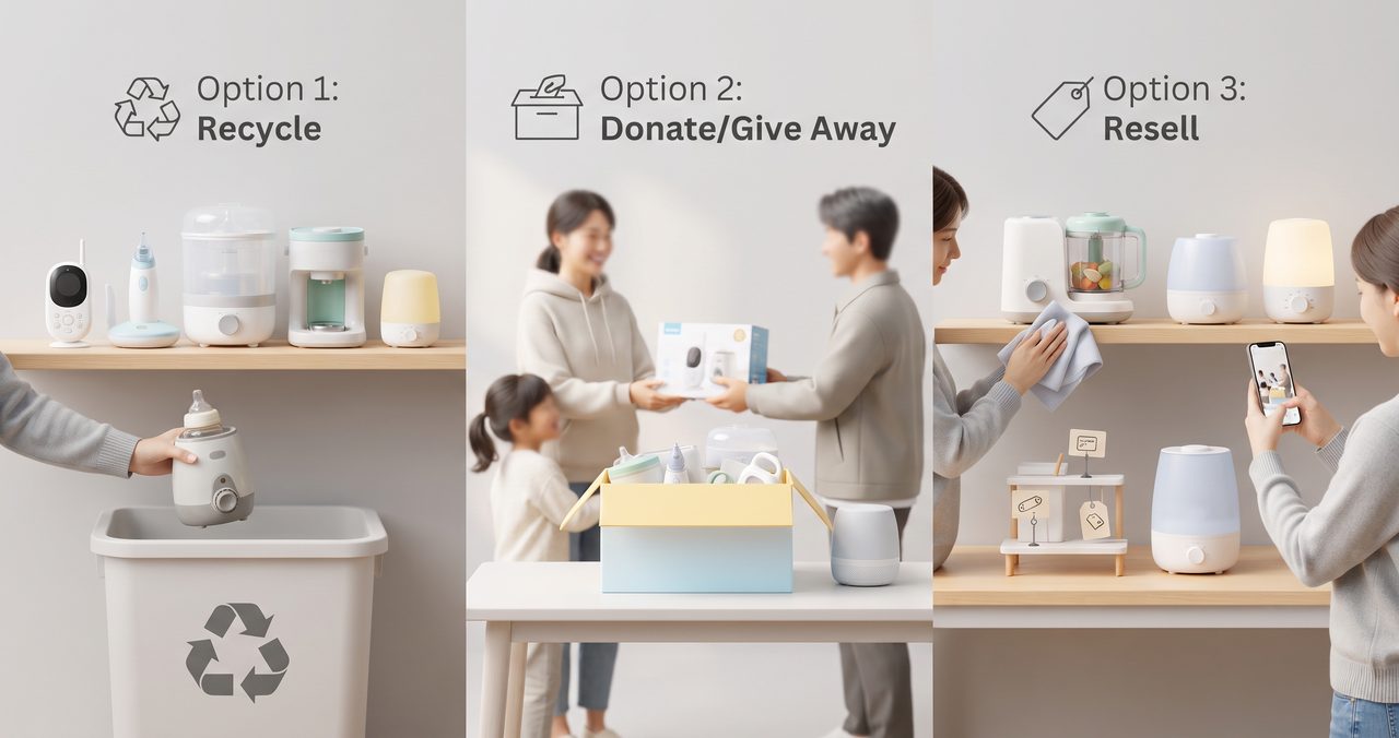 知人に譲るために段ボール箱へ入れられた育児家電、電源コードがまとめられ手渡しの準備が整っている様子