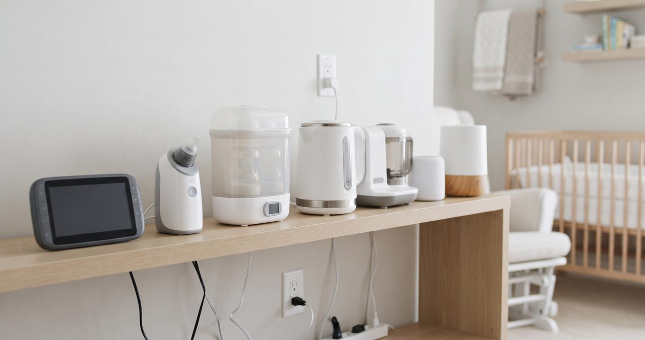 停電で電源が入らなくなったベビーモニターと調乳ポットが、暗いリビングのコンセントの前に置かれている様子