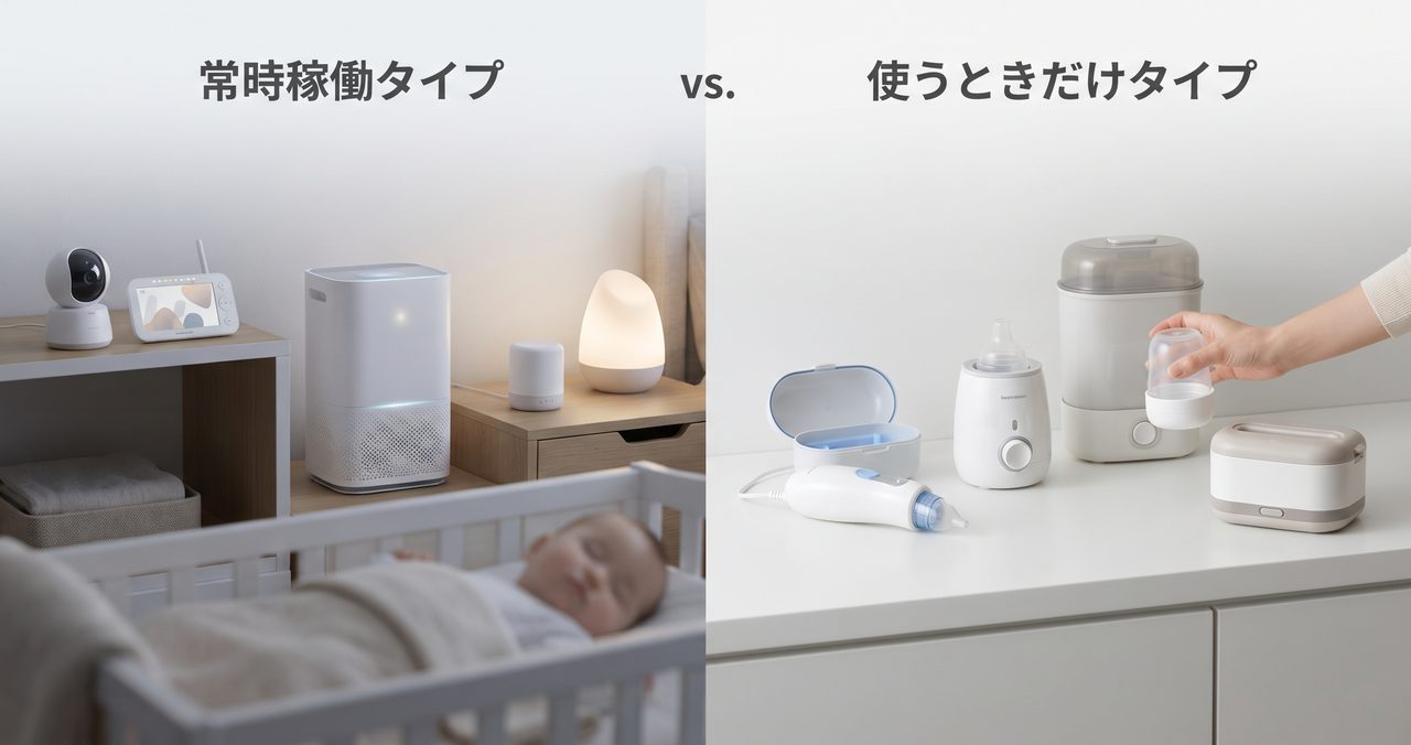 リビングでつけっぱなしの加湿器と、キッチンで短時間だけ稼働する哺乳瓶消毒器が並んで置かれている様子