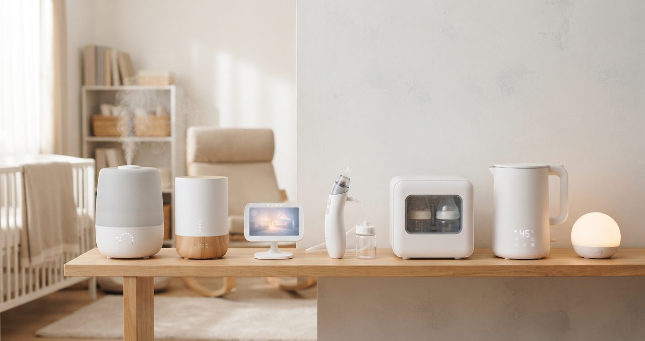 寝室で一晩中稼働しているホワイトノイズマシンと加湿器、電力メーターの数字が少しずつ動いている様子