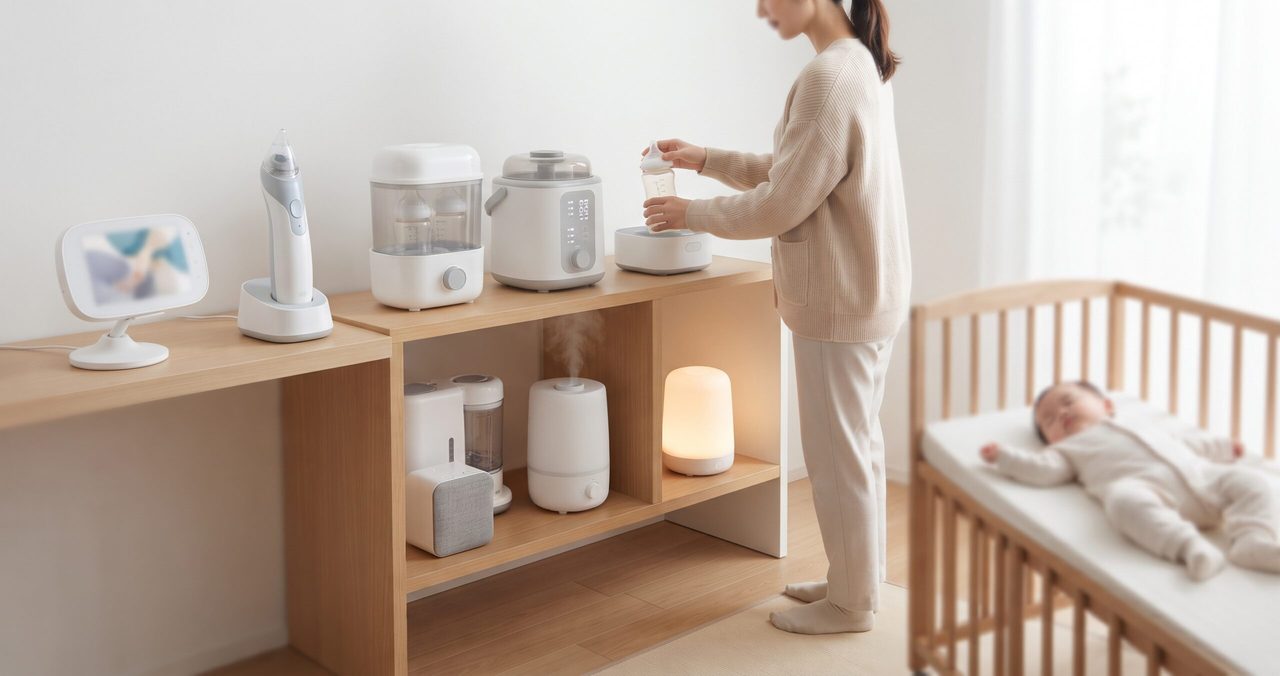 夜間の授乳中、暖色系の間接照明だけを灯してベビーベッドのそばで赤ちゃんの様子を確認する保護者