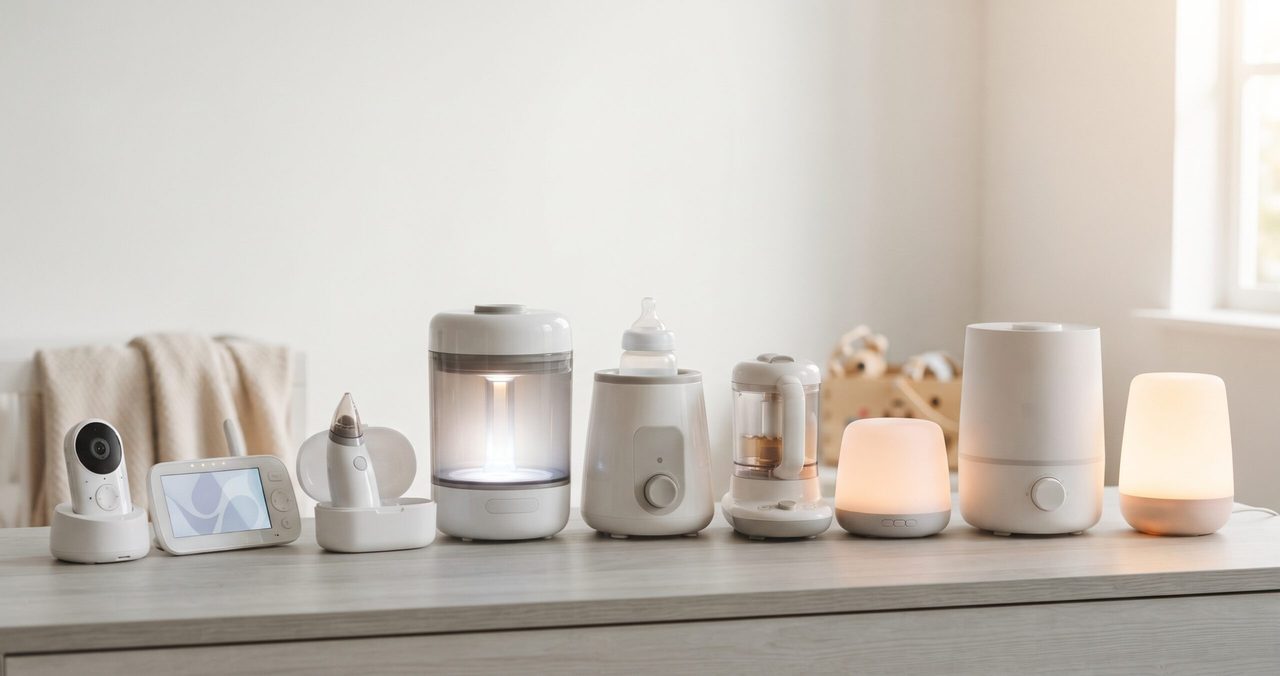 携帯型の電動鼻水吸引器を手に持ち、外出用のポーチに収納しようとしている様子