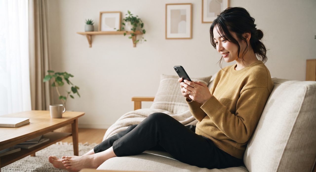 スマートフォンでほしいものリストのページを開き、贈り物の候補を確認している様子
