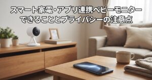 アプリ連携ベビーモニターのカメラが棚に置かれ、テーブルの上にスマートフォンが置かれたリビングの様子
