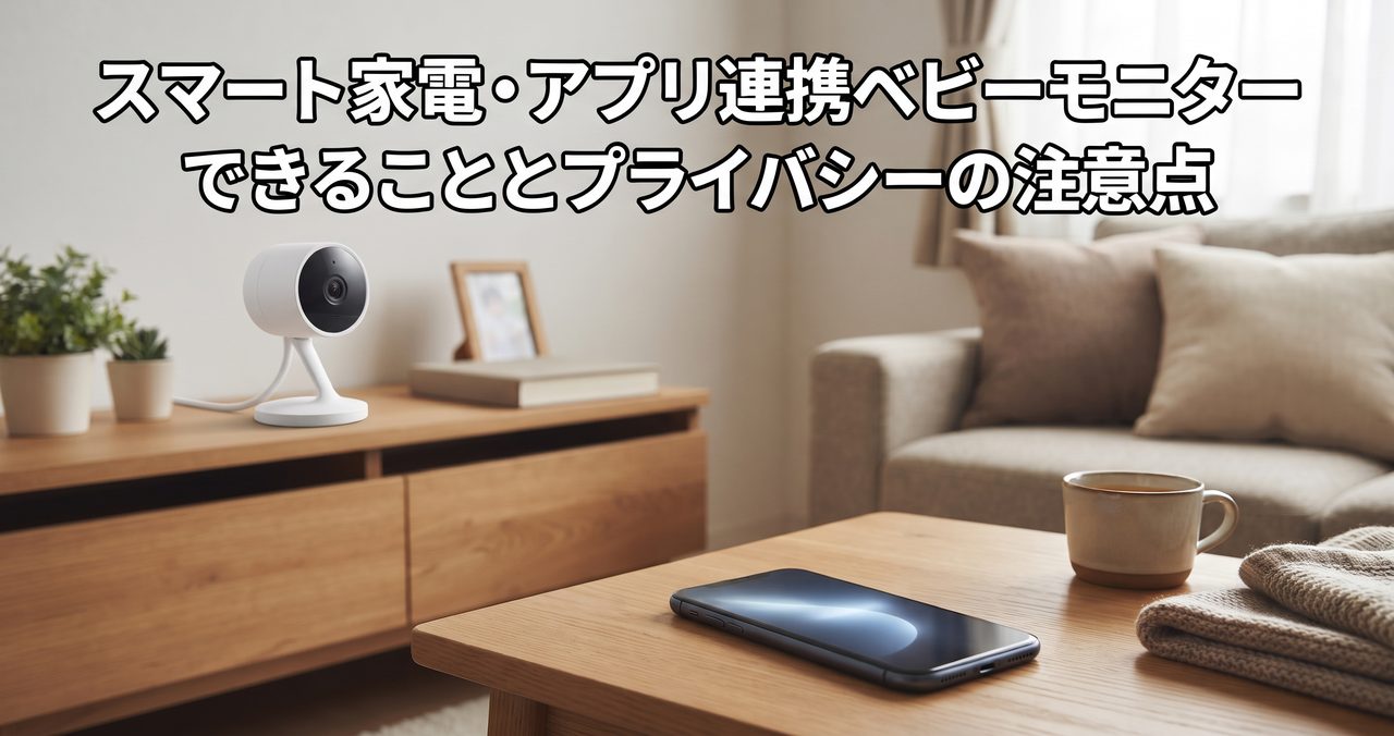 アプリ連携ベビーモニターのカメラが棚に置かれ、テーブルの上にスマートフォンが置かれたリビングの様子
