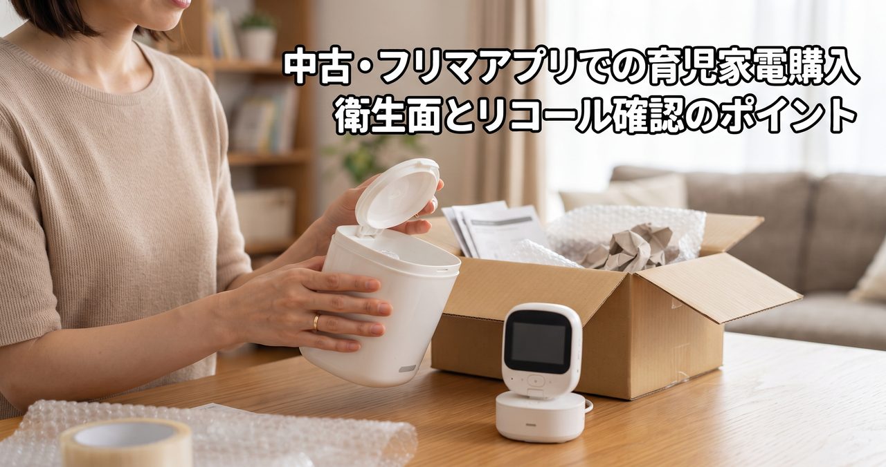宅配便で届いた段ボール箱から中古の哺乳瓶消毒器を取り出し、状態を確認している手元の様子