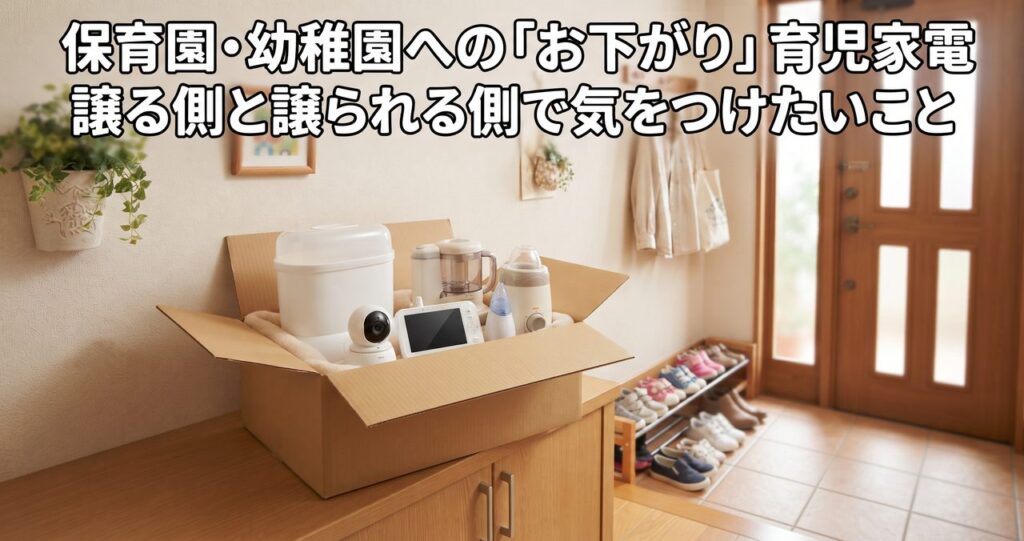 育児家電が段ボール箱に入れられ、玄関先でお下がりとして渡す準備が整っている様子