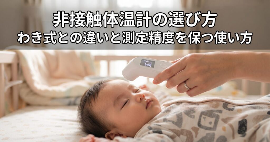 あおむけで眠る赤ちゃんの額に非接触体温計をかざしている手元、非接触体温計の選び方の記事アイキャッチ
