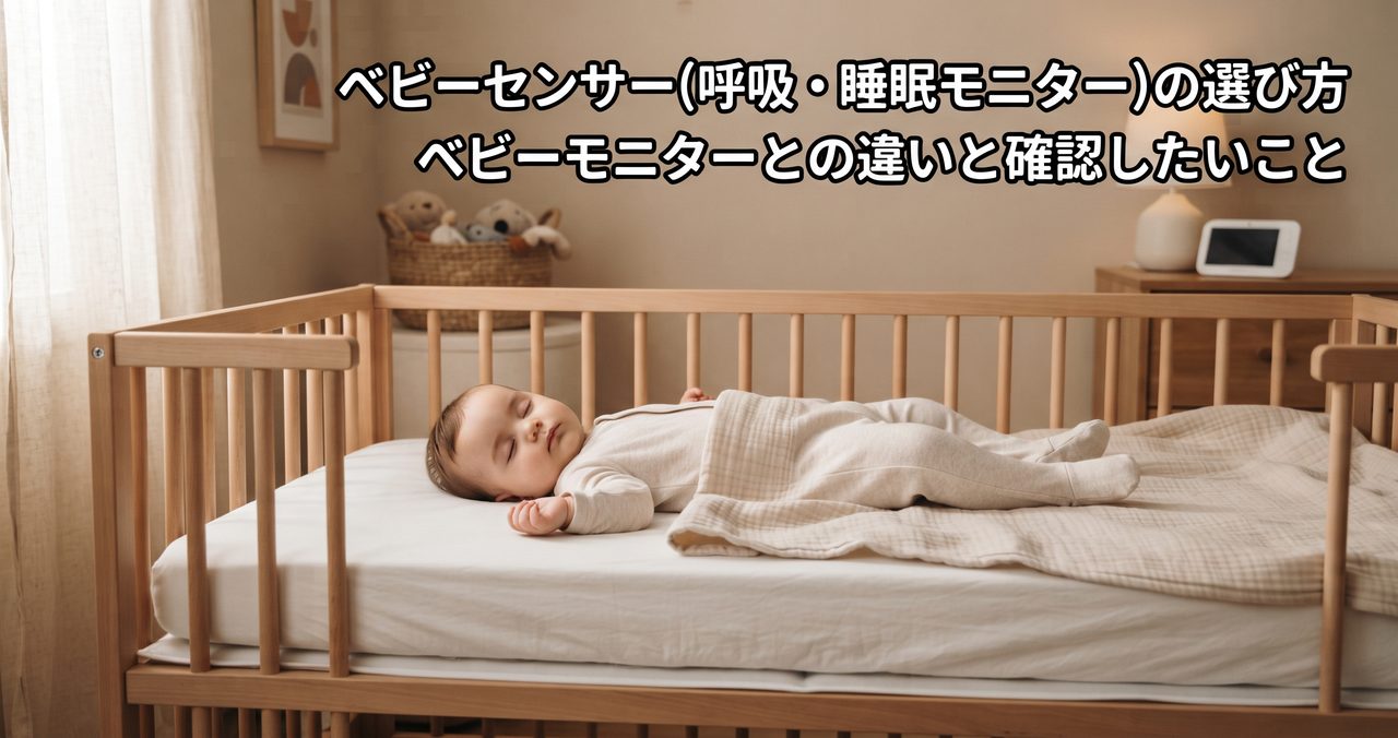 木製ベビーベッドであおむけで眠る赤ちゃん1人、ベビーセンサー(呼吸・睡眠モニター)の選び方の記事アイキャッチ