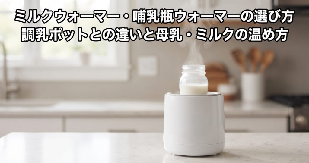 白い据え置き型ミルクウォーマーに哺乳瓶がセットされ、湯気が立っている、ミルクウォーマー・哺乳瓶ウォーマーの選び方の記事アイキャッチ