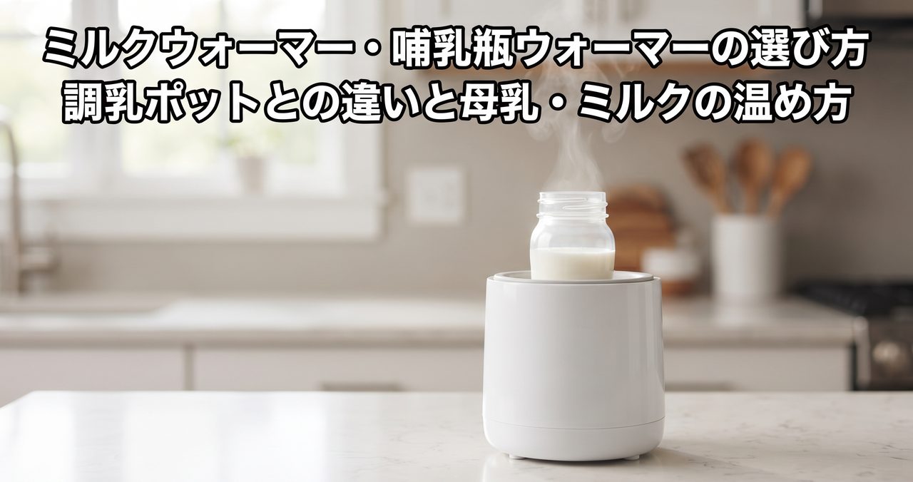 白い据え置き型ミルクウォーマーに哺乳瓶がセットされ、湯気が立っている、ミルクウォーマー・哺乳瓶ウォーマーの選び方の記事アイキャッチ