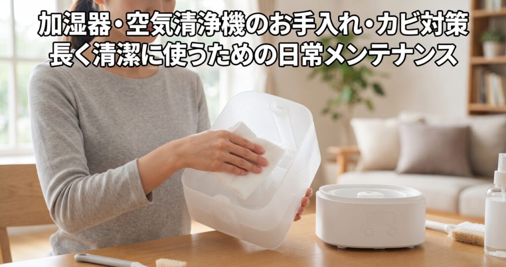 白い加湿器のタンクを取り外して除菌シートで拭いている手元、加湿器・空気清浄機のお手入れ・カビ対策の記事アイキャッチ