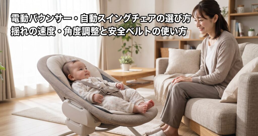 明るいリビングで安全ベルトを装着され電動バウンサーに座る赤ちゃんと、そばのソファで見守る保護者