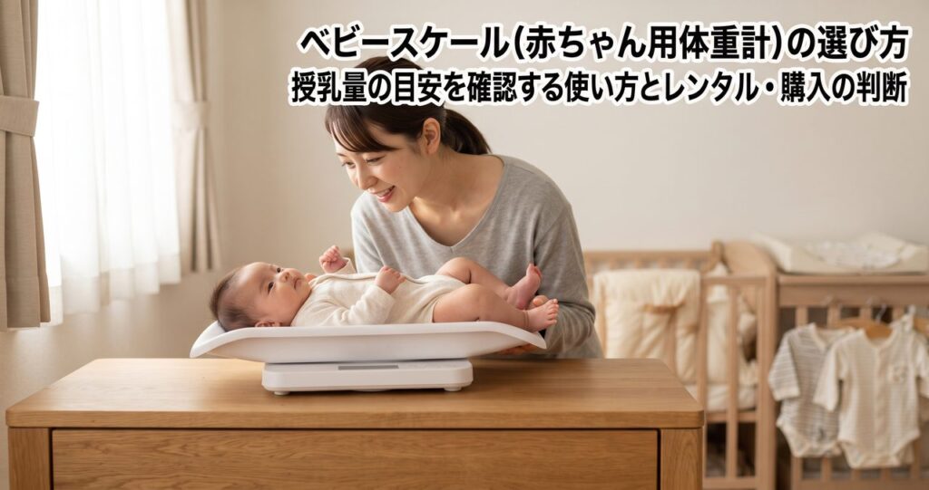 木製のチェストの上に安定して置かれたベビースケールに、あおむけの赤ちゃんを保護者がそっと乗せて体重を測っている様子