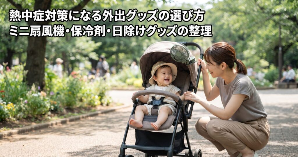 夏の公園で、日除け付きベビーカーの幌の縁の高い位置に保護ガード付きクリップ扇風機を取り付け、笑顔の赤ちゃんを保護者がそばで見守っている様子