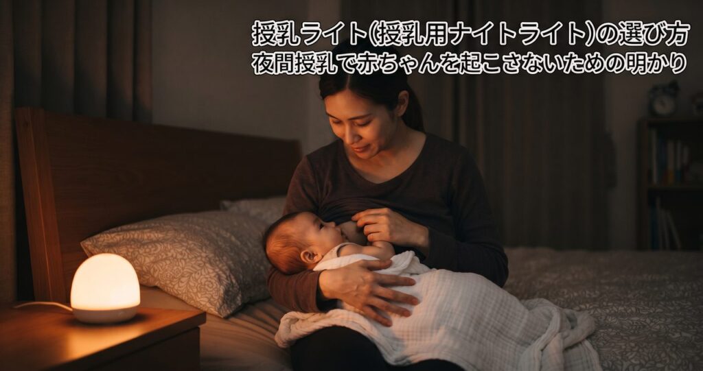 夜の薄暗い寝室で、暖色系の授乳ライトのそばで保護者が赤ちゃんを抱きかかえて授乳している様子