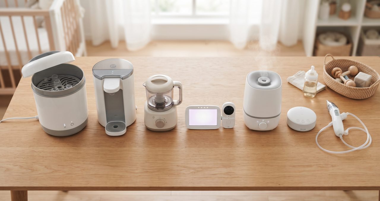 木製テーブルの上に、哺乳瓶消毒器・調乳ポット・ベビーモニターなど複数の育児家電が並べられている様子