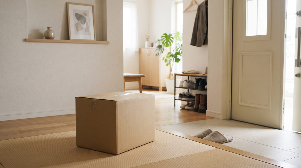 明るい玄関先に、ベビー用品レンタルサービスの宅配便の段ボール箱が届けられている様子
