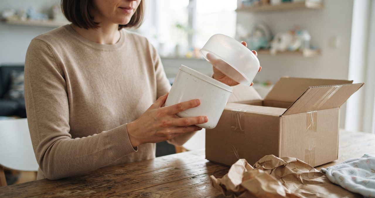 宅配便の段ボール箱から取り出した中古の哺乳瓶消毒器を両手で持ち、状態を確認している手元の様子