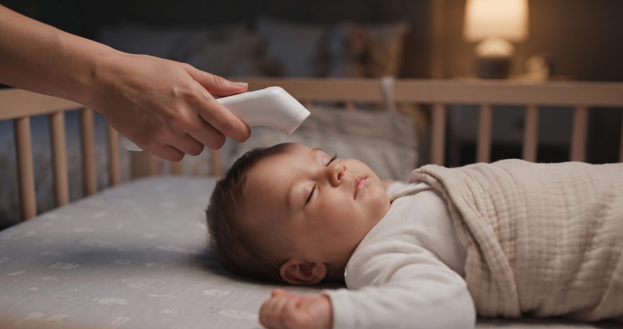 薄暗い寝室で、あおむけで眠る赤ちゃんの額から少し離して非接触体温計をかざしている手元