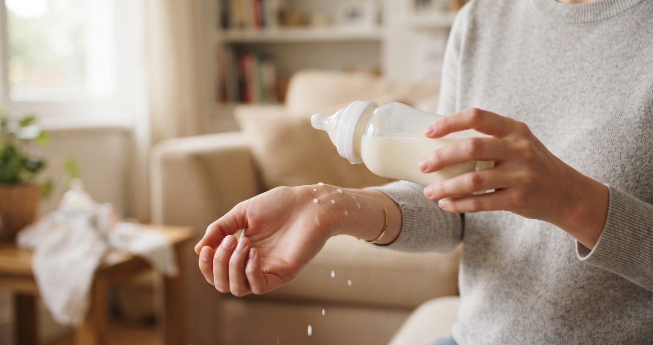 温めた哺乳瓶からミルクを数滴、手首の内側に垂らして温度を確認している手元