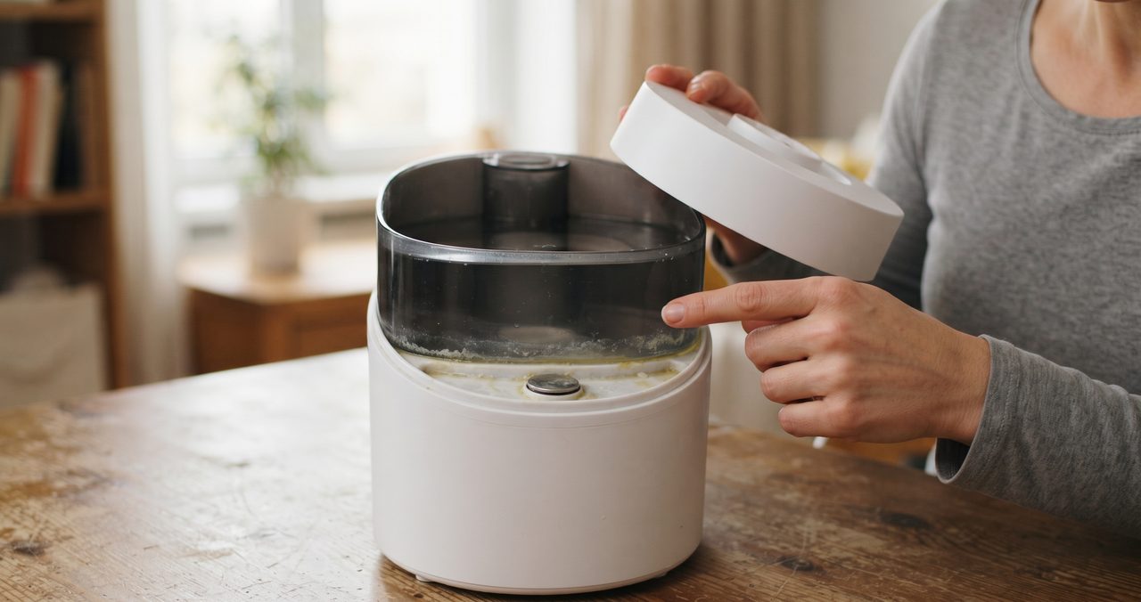 加湿器のタンクの蓋を開けて中を覗き込むと、内側にうっすらと水垢とぬめりが付着している様子