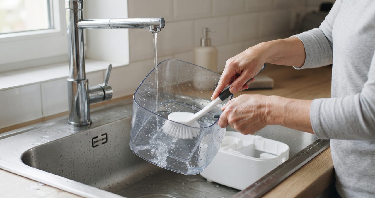 キッチンのシンクで、加湿器のタンクを分解し、ブラシで内部を洗浄している手元