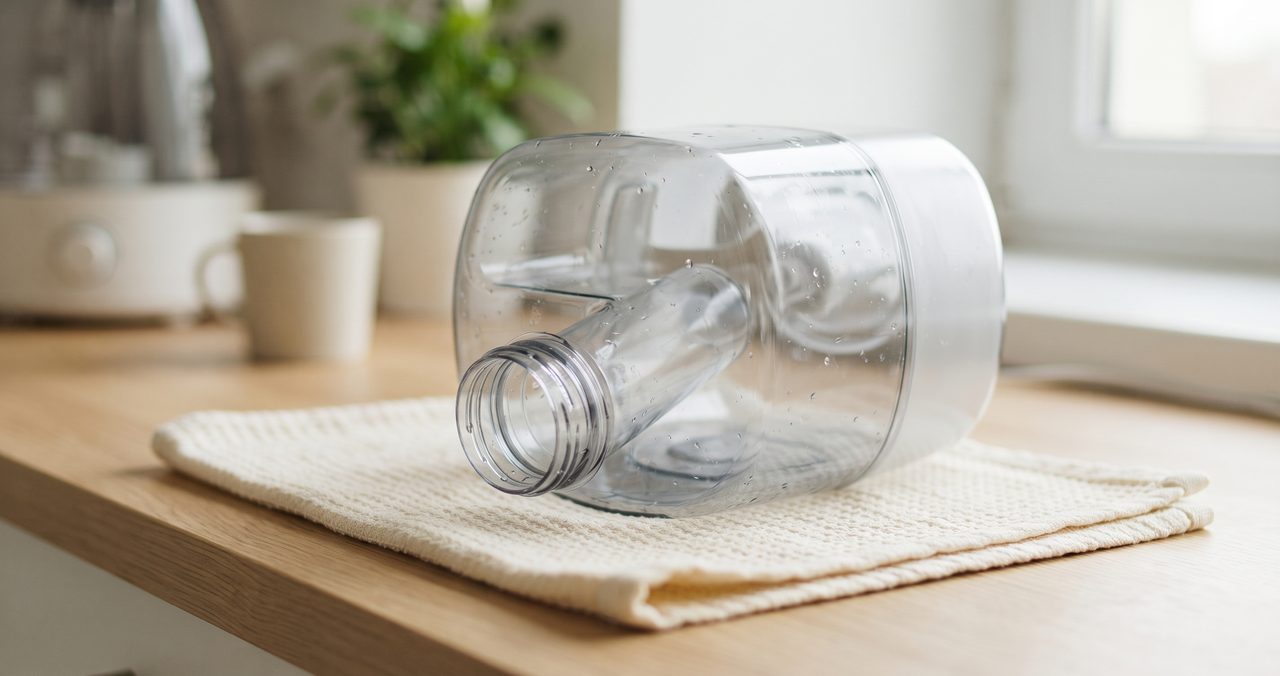 水を空にした加湿器のタンクが逆さまにされ、タオルの上で自然乾燥させられている様子