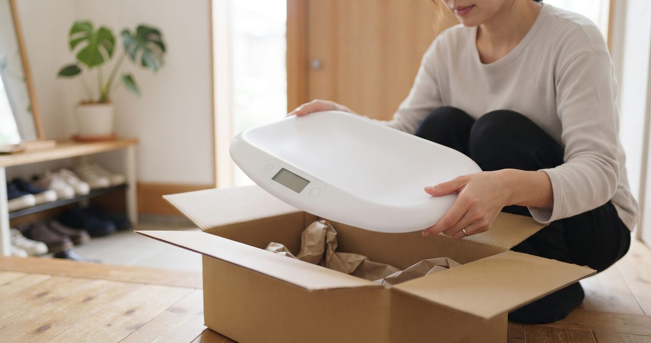宅配便の段ボール箱から取り出したベビースケールを両手で持ち、状態を確認している手元の様子