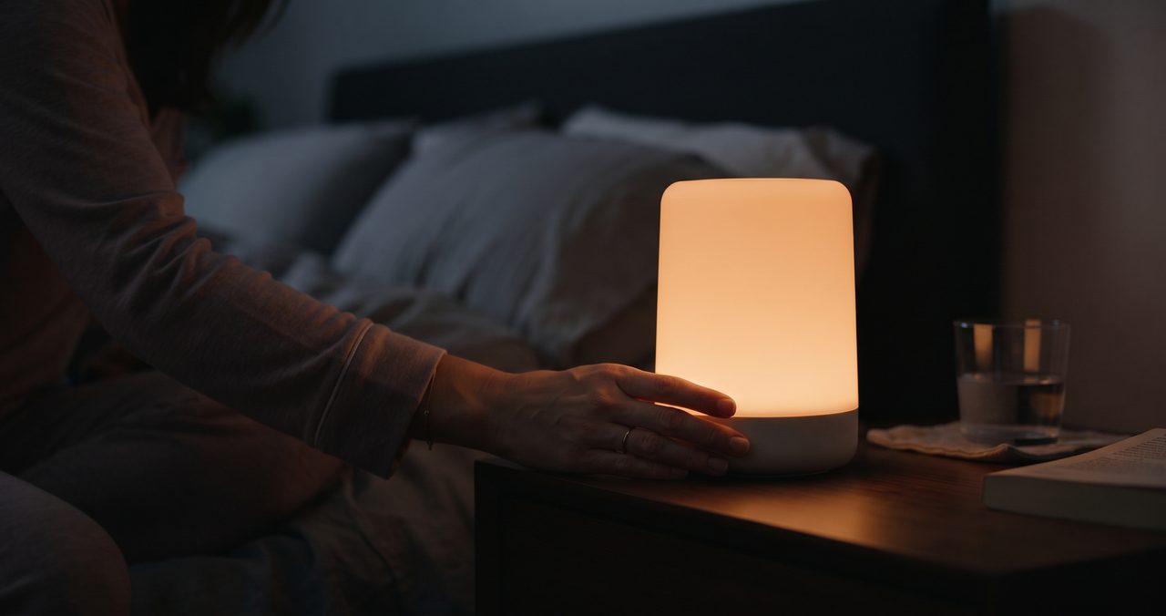 夜の寝室のサイドテーブルに置かれた、土台の広い安定した形状でコードレスに見える卓上型の授乳ライトに、保護者が手を伸ばして明るさを調整している様子